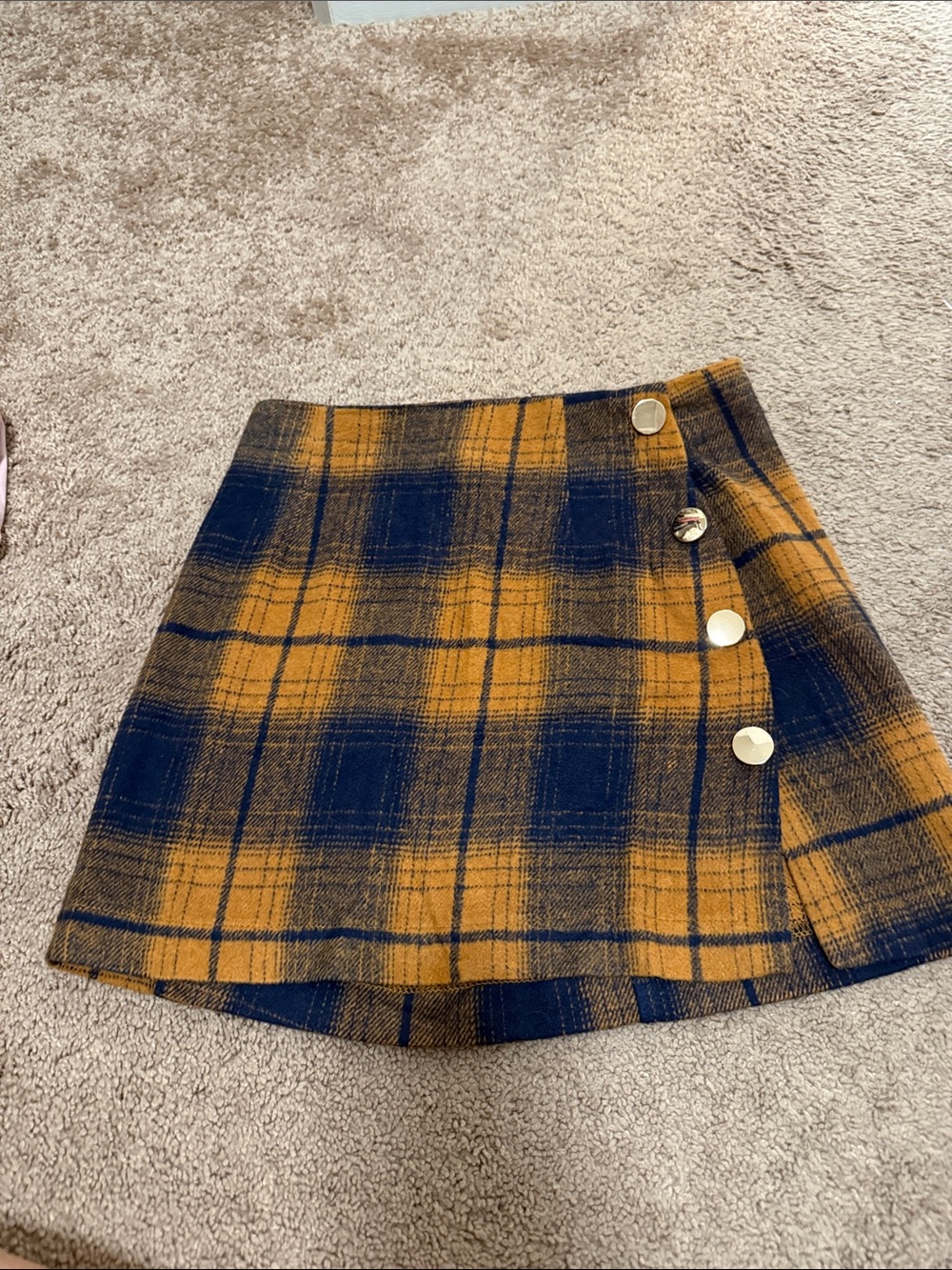 HYFVE Plaid Button-Front Mini Skirt in Mustard & Navy. Size Small